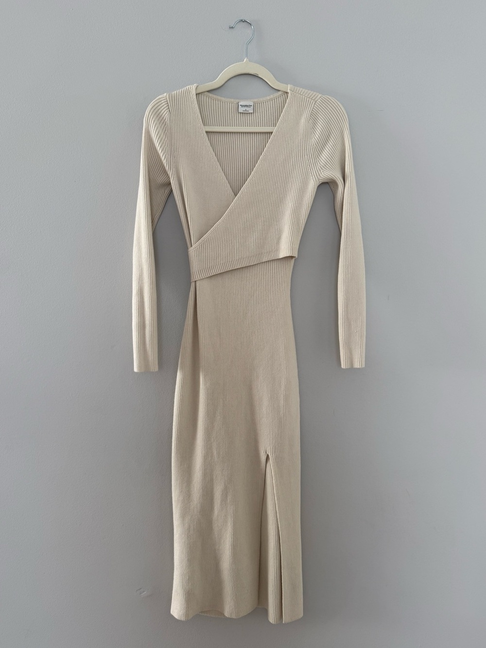 Abercrombie & Fitch Cream Ribbed Wrap Midi Dress Size S
